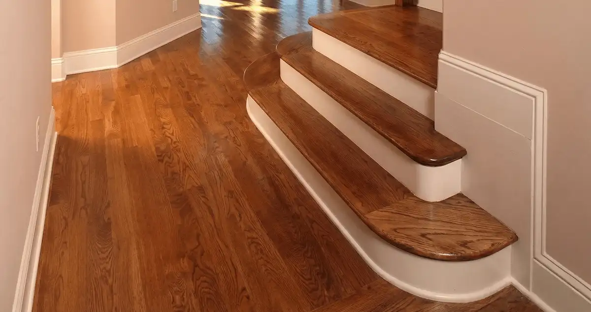 Base floor of a staircase with professionally restored wood flooring in Tucson AZ