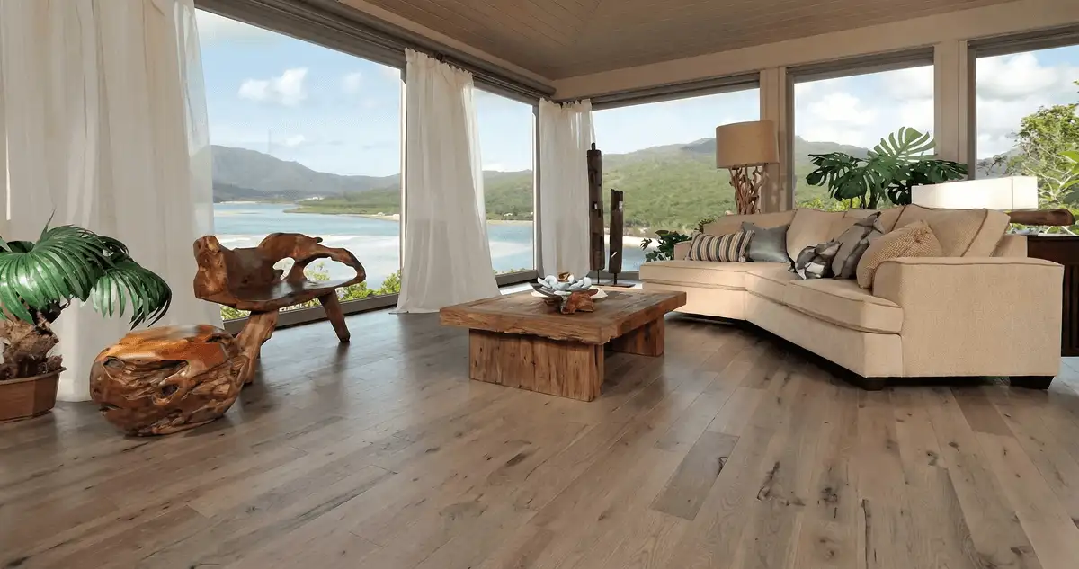 Professionally installed vinyl flooring in a modern living room with large windows in Tucson, AZ
